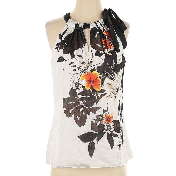White House Black Market Tops - White House Black Market Women's White Sheer Floral Tie Halter Top Size S